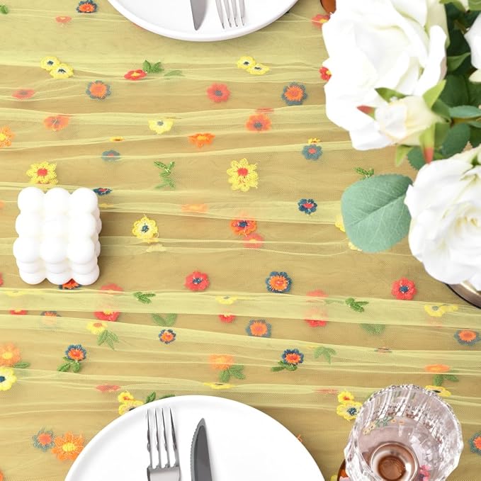 Joanlody 3pcs Yellow Embroidery Daisy Fall Thanksgiving Table Runner Florals Seasonal Tulle Table Runner Holiday Kitchen Dining Table Decoration Wedding Party