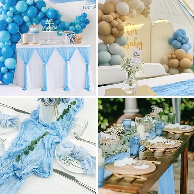 Baby Blue Cheesecloth Table Runner -21*120Inch Long Boho Wedding Table Decor, Rustic Gauze Fabric Runner for Bridal Showers, Baby Showers & Parties (Sheer, Lightweight, Wrinkled Design)