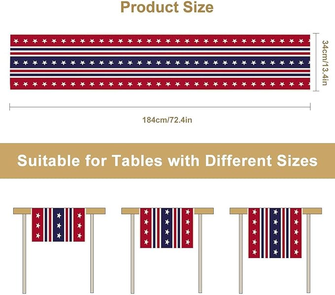 4th of July Table Runner, USA Flag Stars Stripes American Independence Day Red Blue White Stars Lines Print Table Cover for Farmhouse Kitchen Indoor Outdoor Home Party, 13x108inch