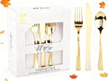 WDF 120 Pieces Gold Plastic Silverware - Disposable Flatware Set - Heavy Duty Thanksgiving Plastic Cutlery - Silverware Includes 40 Forks, 40 Spoons, 40 Knives