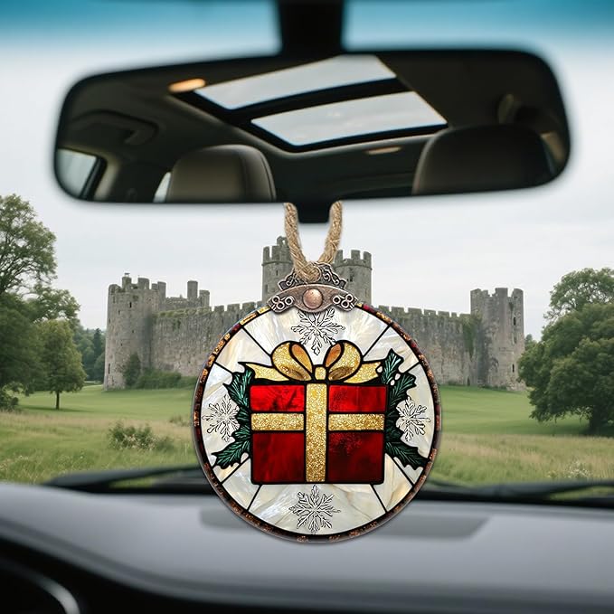 Stained Glass Christmas Decorations, Gold Ribbon Suncatcher for Window Christmas Tree Hanging Ornaments Retro White Snowflake Sun Catcher Xmas Decor Gifts for Women Men Mom Nana Friend