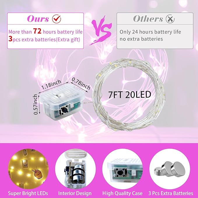 100 Pack Pink Fairy Lights 7Ft 20 LED Twinkle String Lights 3 Modes Battery Operated Waterproof Firefly Starry for Mason Jar Party Wedding Christmas Valentines Day Table Centerpieces