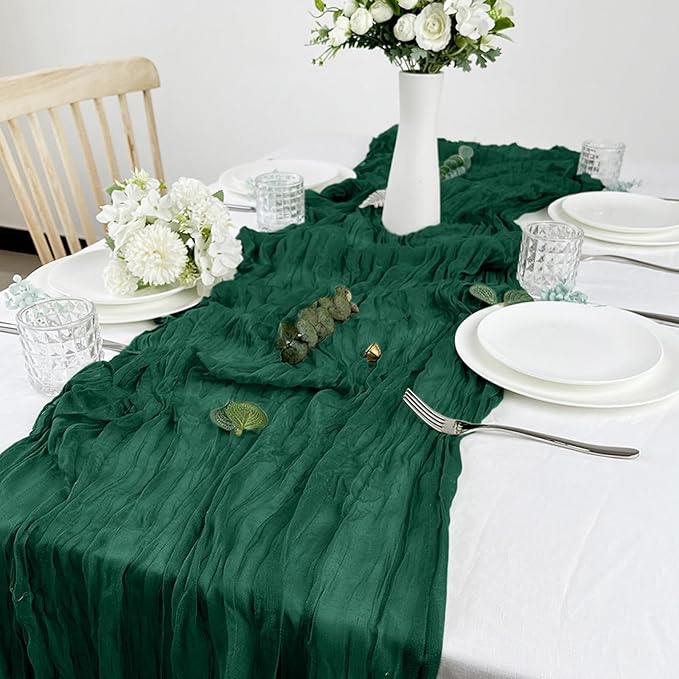 12 Pack Cheesecloth Table Runner 10Ft Christmas Gauze Boho Table Runners for Wedding Decor Bridal Shower Decorations Baby Shower Party(35" x 120")(Emerald Green)