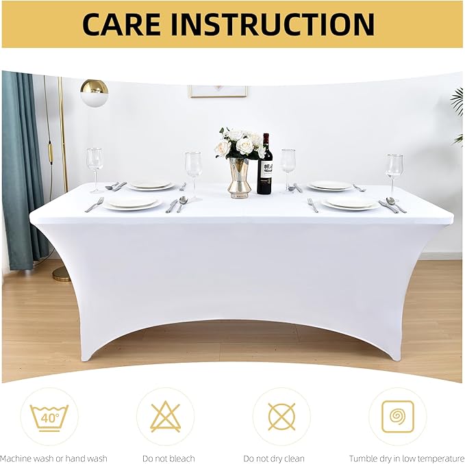 10-Pack 8ft White Spandex Table Covers for Rectangle Folding Tables - Washable Elastic Tablecloth - Ultimate Fitted Table Protector for Parties, Trade Shows, Banquet, and Wedding