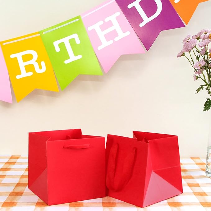 Red Square Gift Bag 12 in Paper Gift Box Large Square Bottom Kraft Paper Bags with Handles for Party Favor, Birthday Gift Bags (Red, 12 x 12 x 12 in, 10 CT)