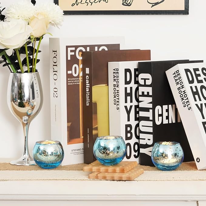 Homemory 12 Pcs Blue Votive Candle Holders, Round Mercury Glass Candle Holder, Tealight Candle Holders for Table Centerpieces, Baby Showe, Anniversary, Wedding, Home Decor, Halloween, Christmas