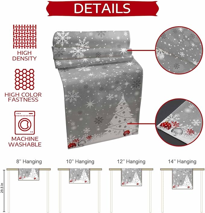 Christmas Snowflakes Cotton Linen Table Runner for Dining Kitchen, Xmas Tree Snow Winter Wedding Outdoor Party Tablerunners Decoration, Grey Balls Dresser Scarf Coffee Tablecloth Runners 13x48 Inches