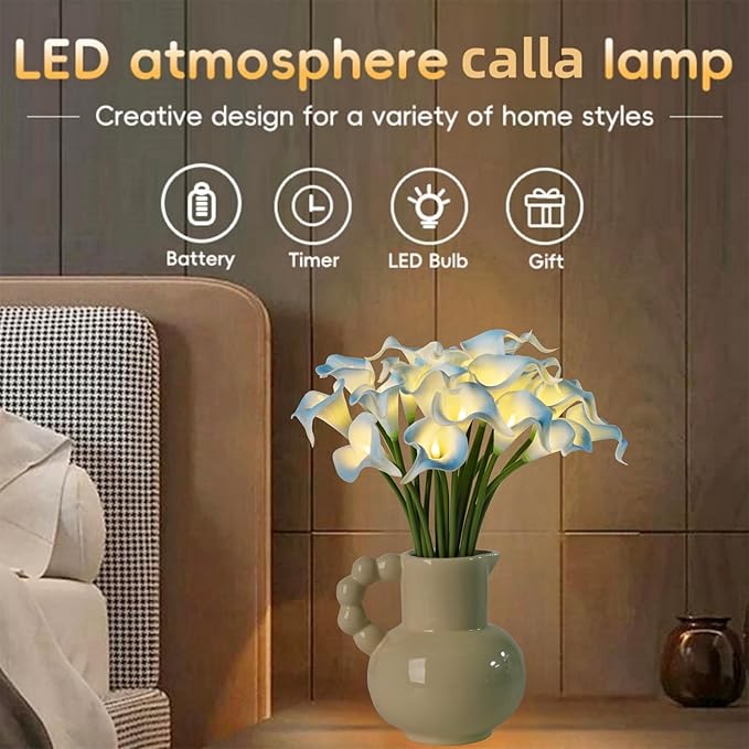 20pcs Artificial Calla Lily Bouquet Lamp Faux Floarl Night Light Real Touch Flower Night Lamp LED Calla Lily Lighted Artificial Flower for Her Gifts Home Kitchen Decor(Light Blue)