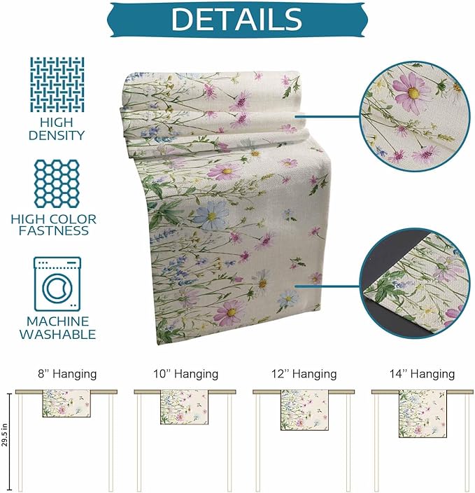 Vintage Wildflowers Cotton Linen Table Runner for Dining Kitchen, Wedding Outdoor Party Tablerunners Decoration, Farm Floral Pink Botanical Plants Dresser Scarf Coffee Tablecloth Runners 13x60 Inches
