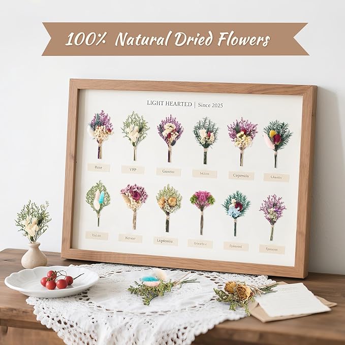 12/24 PCS Charming Dried Flowers Bouquet for Vase Various Dried Wildflowers with Stems Mini Handmade Wildflowers Natural Real Flowers Bulk Flowers Craft (Romantic Colour, 12 PCS)