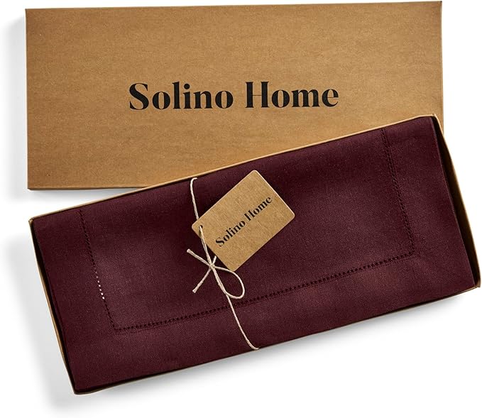 Solino Home Linen Burgundy Table Runner 156 Inches Long - 100% Pure Linen Extra Long Table Runner 14 x 156 Inch for Christmas, Fall, Autumn, Thanksgiving - Classic Hemstitch