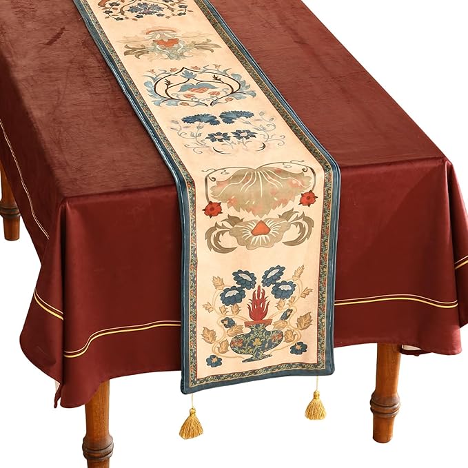 patdrea Designer Casual Wild Floral Velvet Table Runner 118 Inch Long, Brown Occult Bouquets Pattern Table Mat, Decoration for Kitchen Dining Coffee Table Cabinet Banquet Thanksgiving,12"*118"