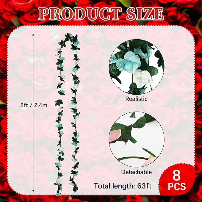 16Pcs 126Ft Teal&White Rose Garland, Fake Rose Hanging Flowers, Artificial Flower Vine, Hanging Floral Vine Garland for Wedding, Birthday Party, Wall Arch, Halloween, Christmas Garden Backdrop Decor
