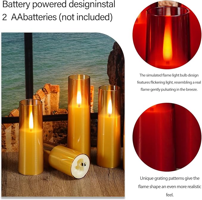 Flameless LED Candles, Upgraded Realistic Flickering Flame Battery Operated Candles with Remote Timer, Acrylic Electric Set of 5 for Romantic Ambiance and Home Decoration (Gold)