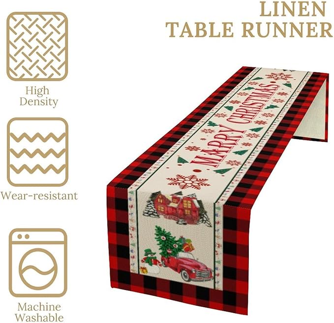 Merry Christmas Table Runner,Winter Xmas Holiday Table Cloth Kitchen Dining Table Decoration for Home Party Decor 13x60 Inch