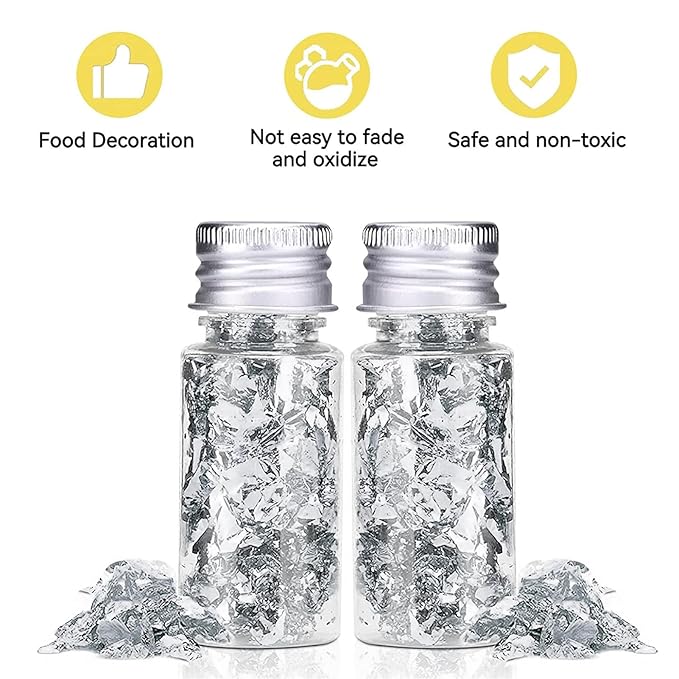 Edible Silver Leaf, Silver Leaf Cake Decoration Gold Flakes Food Gold Foil Decoration Baking Gold Foil Decor Chocolates Decor Silver Leaf Sheets for Cooking Dessert Decoration Crafts Makeup (Silver)