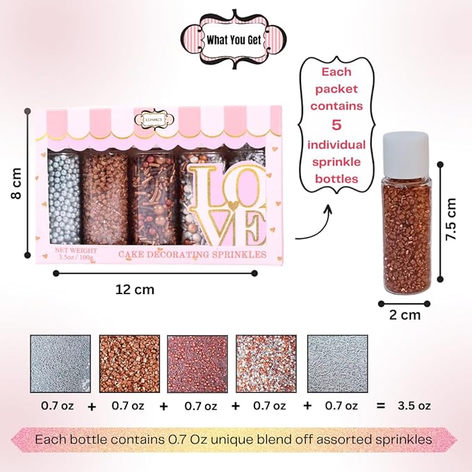Confect-Rose Gold Edible Cake Sprinkles Mix – Pearl Dragees, Silver & Copper Jimmies, Bronze Sparkling Sugar – White, Rose Gold, Silver Glam Sprinkle Set for Cake Decorating, Baking & Cupcakes- Vegan, Gluten-Free, Nut-Free, Soy-Free, Dairy-Free, Palm O...
