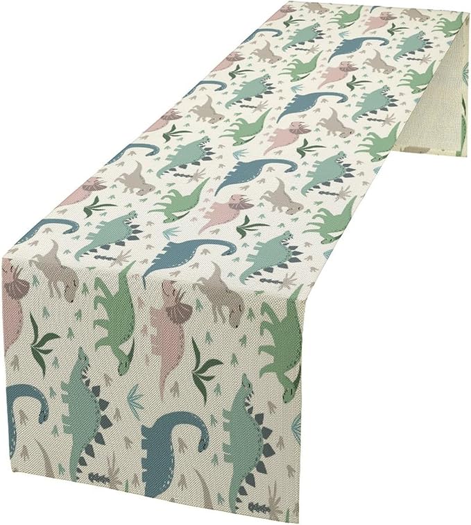 Cartoon Dinosaur Table Runner,Kids Boys Cute Colorful Animal Dino Abstract Print Tablecloth Burlap for Hotel Indoors Outdoor Dining Room Kitchen Holiday Party, 13x36in