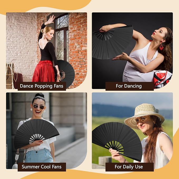 8PCS Large Chinese Folding Fans with 8 Fan Sleeves, Boots on The Ground Hand Fans Bulk, Clacking Fans for Line Dancing, Popping Fans for Line Dancing (Black)
