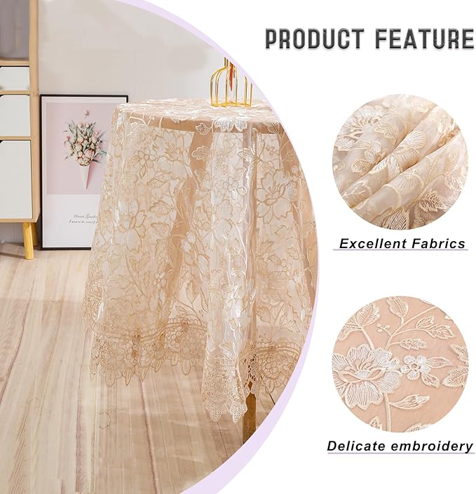 Lace Tablecloth Round Lace Vintage Round Tablecloth Decorative Exquisite Border Table Cover for Party Wedding Home Decorations, Round-48, Beige
