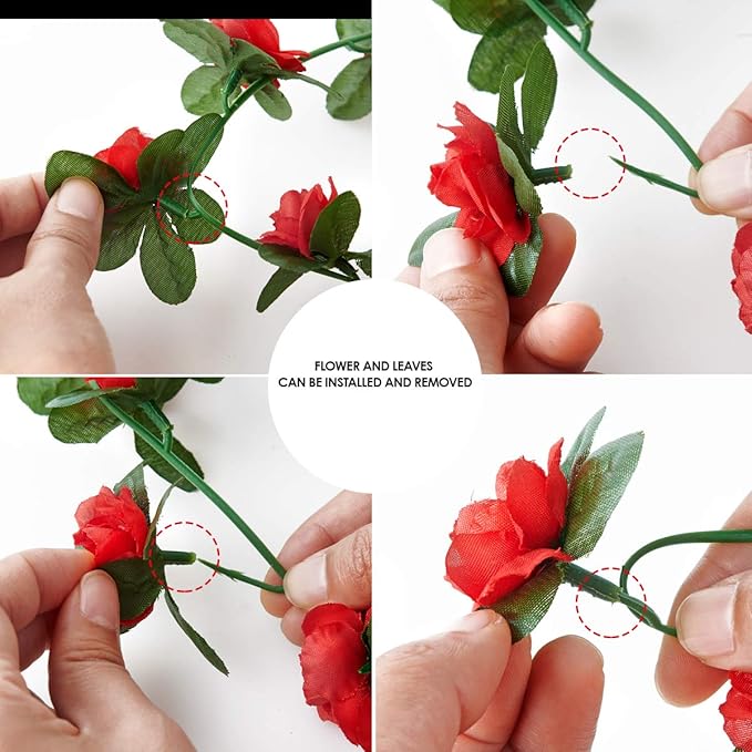 8 Pcs x 8.2 ft Flower Garland Artificial Rose Vine Flowers with Green Leaves Hanging Fake Roses Vine for Room Party Home Wedding Birthday Christmas Wall Arch Decor, Spring Red Flower