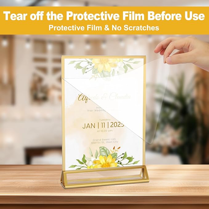 EHWINE 2 Pack Acrylic Sign Holder 5 x 7, Double Sided Gold Picture Frame Stand up Table Top Sign Holders, Clear Display Stand Menu Flyer Holder for Wedding Party