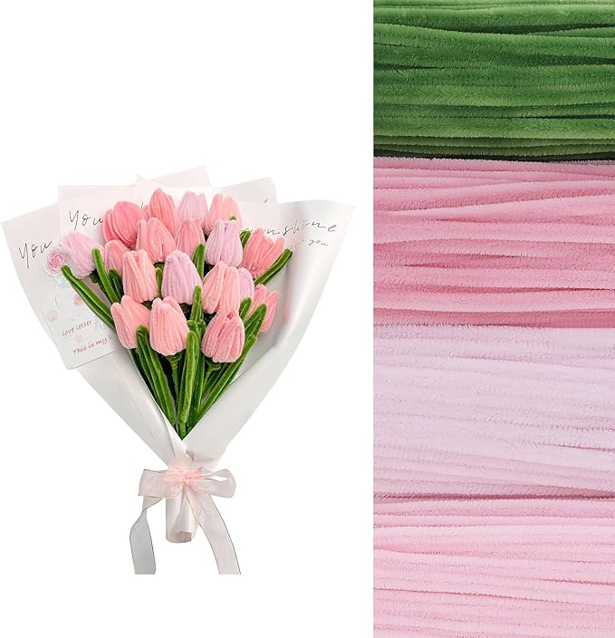 400 Pcs Soft Craft Pipe Cleaners Flowers,4 Colors Chenille Stems Bulk with Floral Wires,Tape,Greeting Card,Bouquet Paper,Hot Glue Stick,Stamen & Ribbon, Holiday Gifts for Women,Men,Teens,Elder