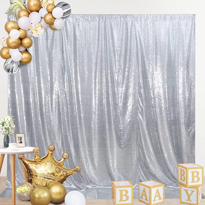 SquarePie Sequin Backdrop Curtain Not See Through Thick Glitter Background for Party 8FT x 10FT Silver