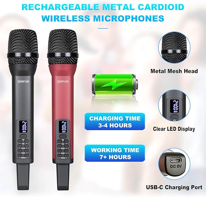 4 Rechargeable Wireless Microphones, Pro Handheld Cordless Mics System with Echo Treble BASS VOL Control for Karaoke Singing Church Party, 1/4'' Output, Grey&Red