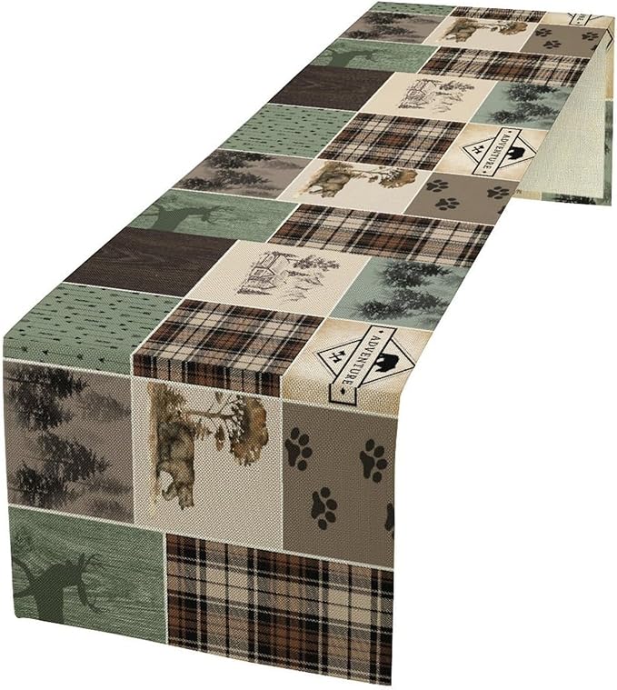 Bear Deer Table Runner,Rustic Lodge Retro Country Farmhouse Buffalo Plaid Print Tablecloth Burlap for Hotel Indoors Outdoor Dining Room Kitchen Home Decor,W13X L108 in