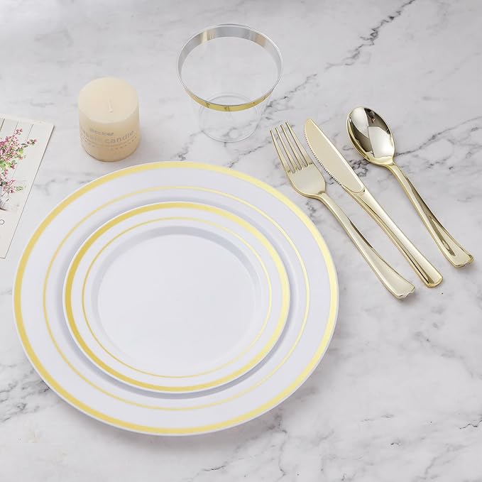 BESTVIP 450PCS Gold Dinnerware Set for 75 Guests, Plastic Plates for Party, 75 Gold Disposable Plates, 75 Dessert Plates, 75 Cups, 75 Spoons, 75 Forks and 75 Knives