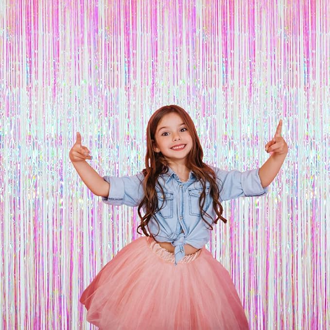 GOER 3.2 ft x 9.8 ft Metallic Tinsel Foil Fringe Curtains Party Photo Backdrop Party Streamers for Birthday,Graduation,New Year Eve Decorations Wedding Decor (4 Packs,Iridescent)