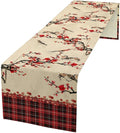Bird Table Runner,Red Black Buffalo Plaid Blossom Seasonal Table Runner for Kitchen Dining Table Decoration Home Party Decor 13x60 Inch