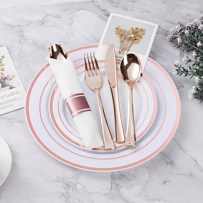 BESTVIP 175PCS Rose Gold Plastic Dinnerware Set, Disposable Party Plates for 25 Guests, Include: 50 Plastic Plates, 25 Pre Rolled Napkins with Rose Gold Silverware, 25 Cups for Christmas, Halloween