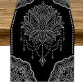 Lotus Flower Table Runner, Bohemian Ethnic Oriental Mandala Black White Floral Print Table Runner for Home Kitchen Dining Indoor Outdoor Dinner Party Decor, 13x60inch