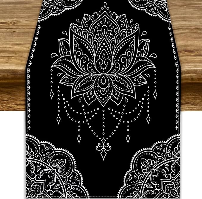 Lotus Flower Table Runner, Bohemian Ethnic Oriental Mandala Black White Floral Print Table Runner for Home Kitchen Dining Indoor Outdoor Dinner Party Decor, 13x108inch