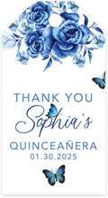 Andaz Press 40-Pack Personalized Quinceañera Favor Tags with String, Blue Butterflies Custom Classic Thank You Gift Tags for Quince Años XV 15th Birthday Favor Gifts, Quinceanera Decorations