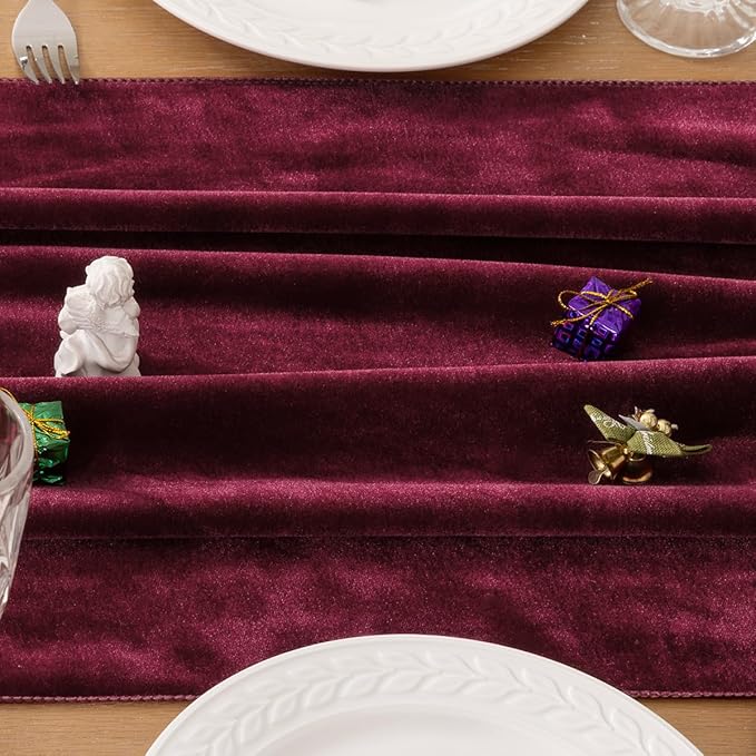 MLMC 2 Pack Burgundy Velvet Table Runner 10ft Elegant Luxury Wine Red Velvet Fall Table Runner 20x120 Inches Table Decor for Wedding Bridal Shower Home Party Thanksgiving Christmas Decor
