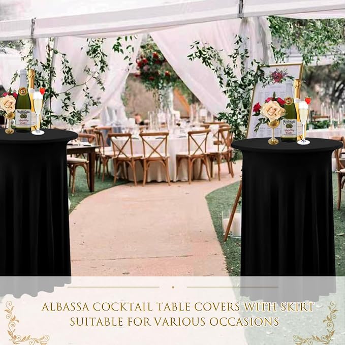 Albassa 4 Pack Cocktail Table Covers 32"x 43" Spandex Stretch Round Cocktail Tablecloths with Wavy Drapes Fitted High Top Bar Table Skirt for Wedding Party Banquet (Black, 4 PCS)
