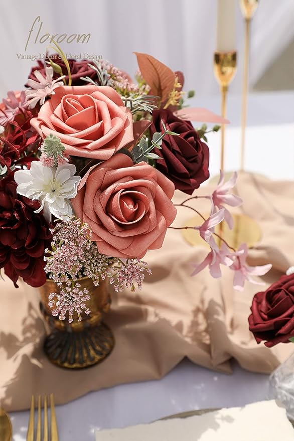 Floroom Artificial Flowers 50pcs Real Looking Burgundy & Pinky Cedar Foam Fake Roses with Stems for DIY Wedding Bouquets Bridal Shower Centerpieces Floral Arrangements Party Tables Home Decorations