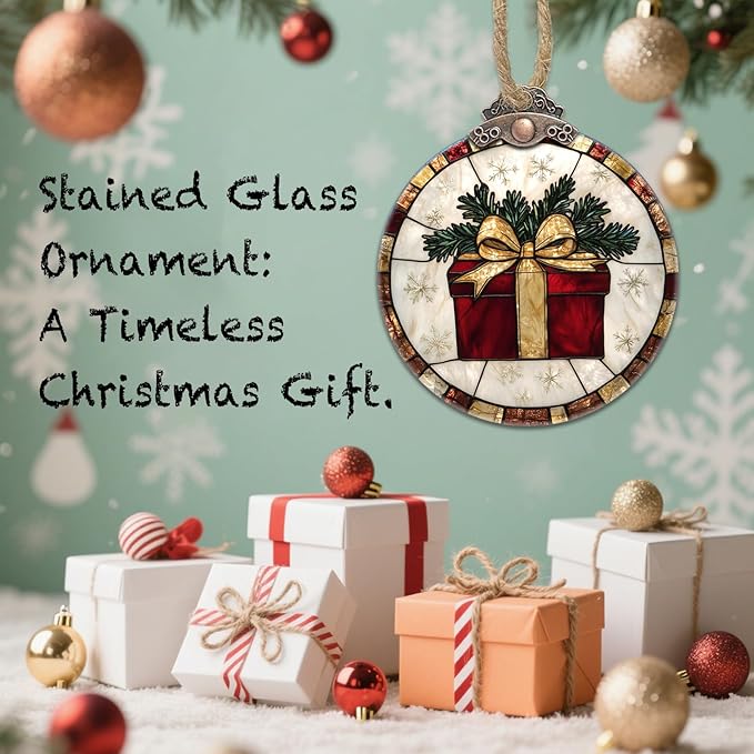 Stained Glass Christmas Decorations, Red Gift with Gold Ribbon Suncatcher for Window Christmas Tree Hanging Ornaments Retro White Sun Catcher Xmas Decor Gifts for Women Men Mom Nana Friend