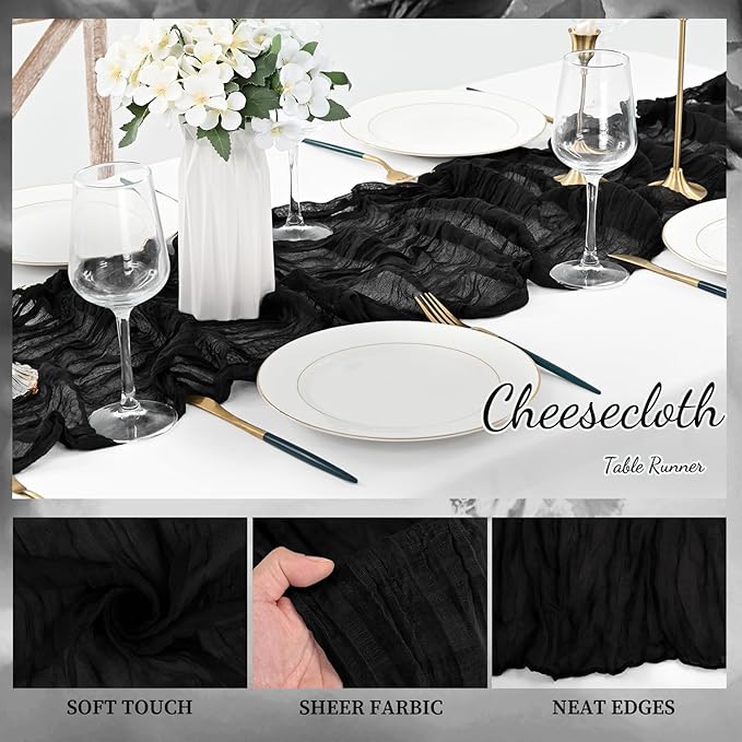 10FT 6 Pack Black Cheesecloth Table Runner 20 x 120 Inch Long Boho Fabric Rustic Cheese Cloth Table Runner for Wedding Bridal Shower Baby Shower Gauze Sheer Birthday Party Table Decorations