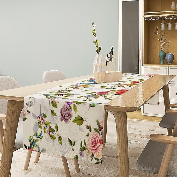 Vintage Bird Flower Table Runner Seasonal Spring Summer Garden Plants Farmhouse Country Kitchen Dinner Runner Dining Table Decoration for Home Party Holiday 13"x90"