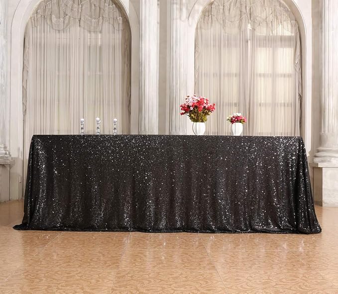 SquarePie Sequin Tablecloth 90 x 132 Inch Black Sparkly Table Linen for Halloween Wedding Party