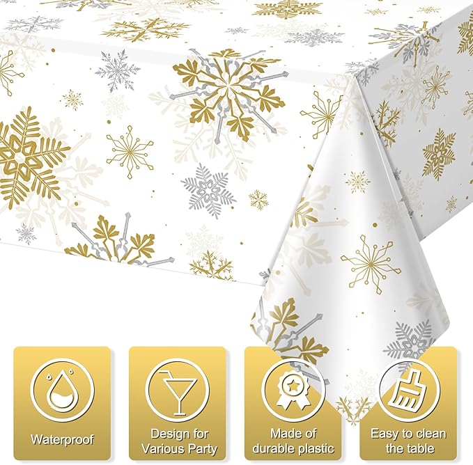 Jectivs 3Pcs Christmas Snowflake Party Tablecloths Decorations,Plastic White and Gold Table Cloth,Winter Rectangle Cover for New Year Birthday Baby Shower Holiday Decorations,54x108 inch