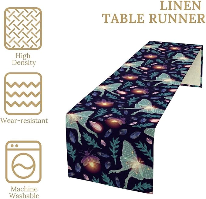 Moth Table Runner, Retro Boho Aesthetic Blue Moth Magic Table Runner for Home Kitchen Dining Party Indoor Outdoor Decoration 13x60 Inch