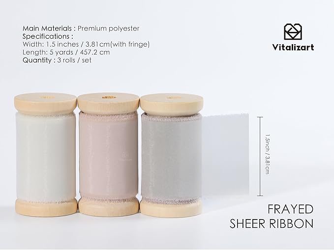 Vitalizart Organza Ribbon Frayed Sheer Organza White Pink Grey Set 1.5" Silk Like Ribbons for Valentines Day Gift Wrapping Craft Flower Bouquet Wedding Invitations Mesh Fabric 15 Yards