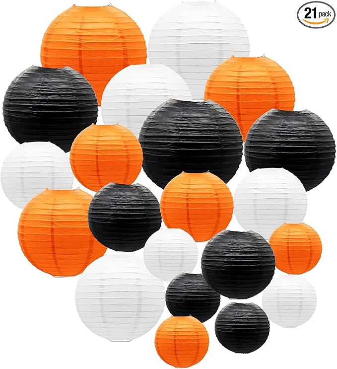 ADLKGG Paper Lanterns Party Decorations, Orange Black White Round Hanging Lanterns for Graduation Halloween Thanksgiving Birthday Party Decorations, 21pcs