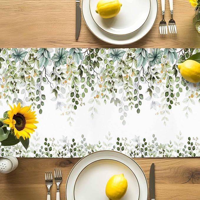 Sage Green Eucalyptus Cotton Linen Table Runner for Dining Kitchen, Farmhouse Leaves Wedding Outdoor Party Tablerunners Decoration Botanical Floral Dresser Scarf Coffee Tablecloth Runners 13x72 Inches
