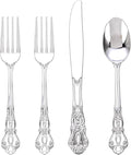 200PCS Silver Plastic Cutlery - Vintage Silver Disposable Silverware - Heavyweight Plastic Utensils with 100 Forks, 50 Knives, 50 Spoons For Catering, Parties, Dinners and Weddings